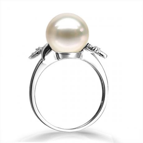Bague Perle Or Blanc Diamant. Feuilles Étincelantes 