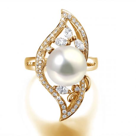 Bague végétale or jaune - Perle eau douce blanche de culture, Diamants