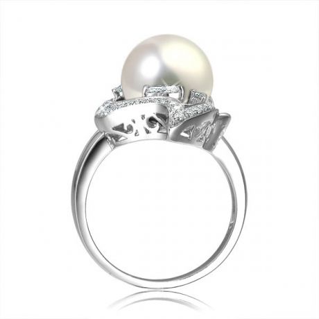 Bague végétale or blanc - Perle eau douce blanche de culture, Diamants