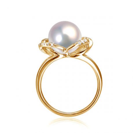 Bague en perle monde floral - Perle de culture or jaune et diamants