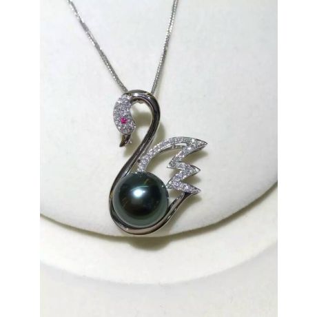 Pendentif cygne - Perle de Tahiti - Or blanc, diamants, saphir rose
