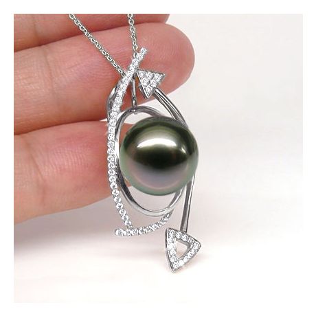 Pendentif elliptique - Perle Tahiti paon aubergine - Or blanc, diamants