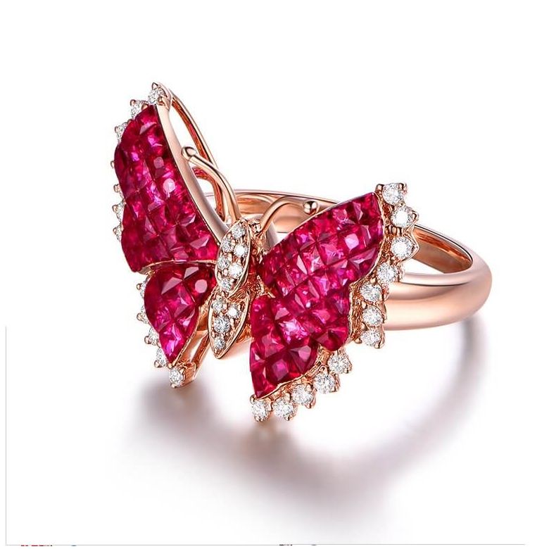 Bague Papillon argent. Rubis Birmanie, Or rose et diamants - 2