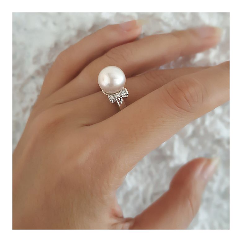 Bague or perle de culture - Perle blanche Chine - Or blanc, diamants - 4