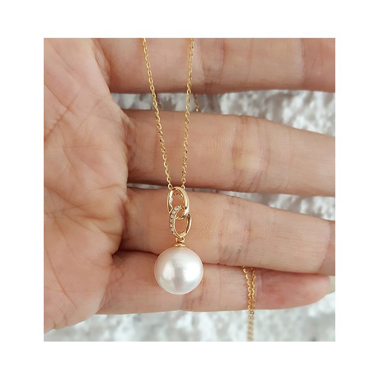 Pendentif 2 anneaux avec perle de culture - Or jaune, diamants pavés - 2