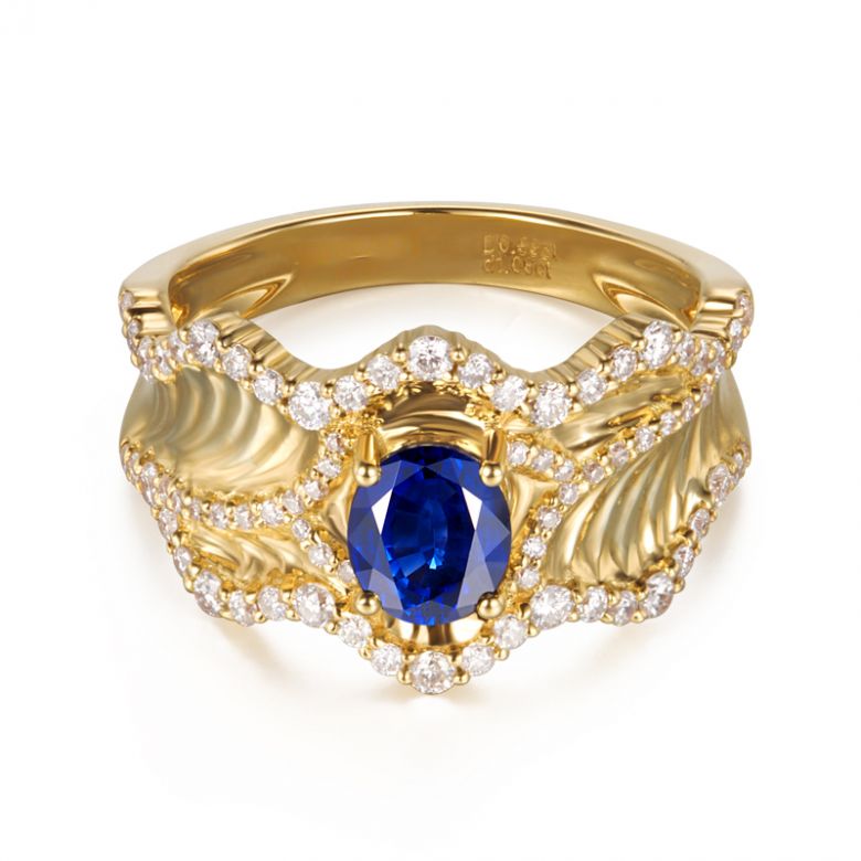 Bague floraison saphir ovale 1.10cts & diamants. Or jaune - 2