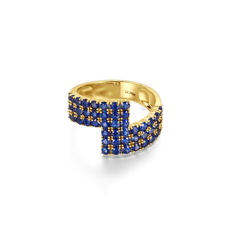 Bague contemporaine or jaune. Pavage géométrique saphir  - 3