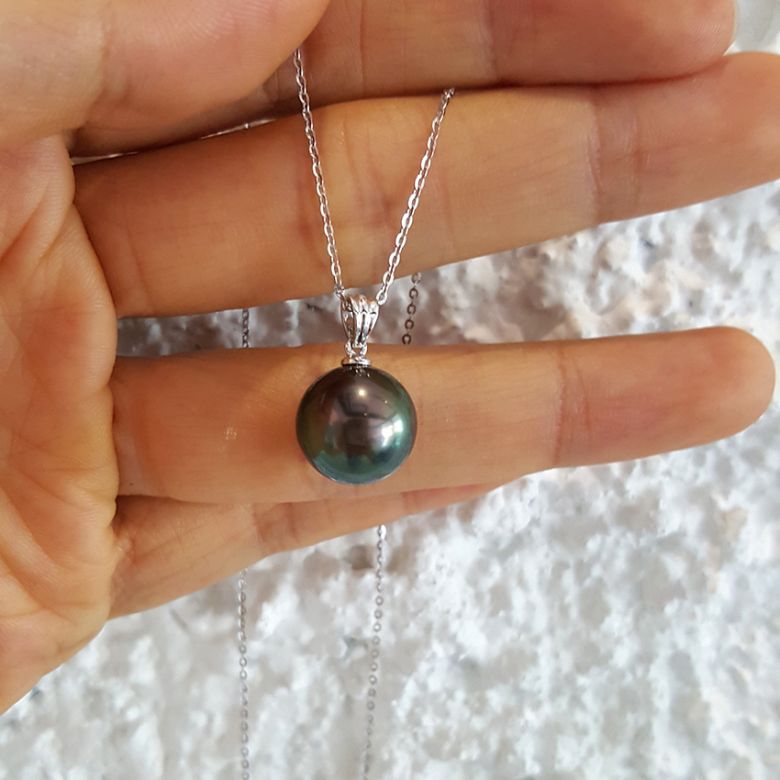 Pendentif bélière or blanc striée - Perle de Tahiti noire, bronze - 3