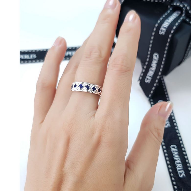 Bague saphir Dame de carreau -  Or blanc, diamant - 6