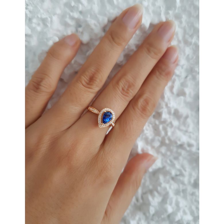 Bague de fiancailles saphir forme poire. Or jaune, diamants - 5