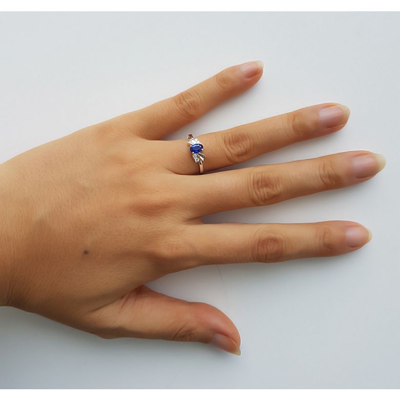 Bague saphir solitaire - Or blanc 18 carats - Sertissage diamants - 6