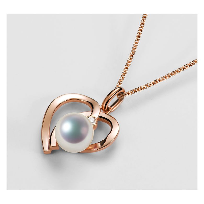 Pendentif Chiaky. Coeur moderne Or rose. Perle Akoya, Diamant - 3