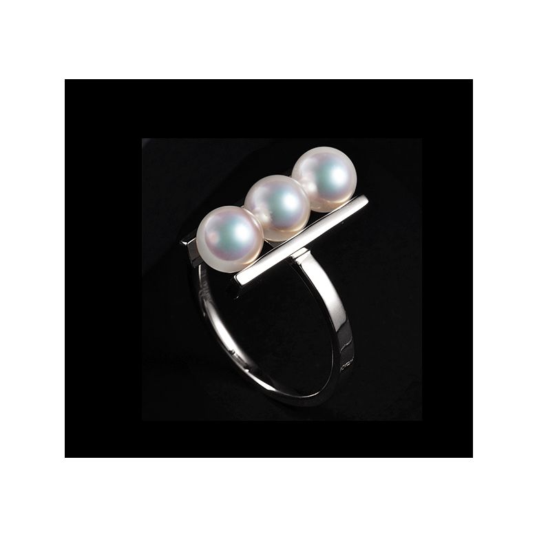 Bague 3 perles Akoya alignées et or blanc 18 carats - 3