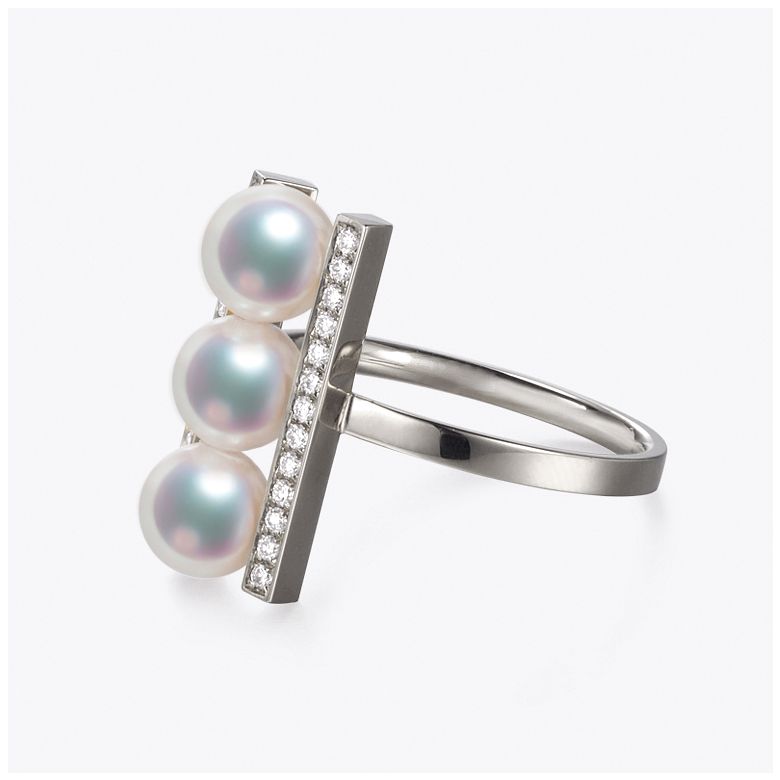 Bague 3 perles Akoya. Monture rail. Or blanc, Diamants - 4