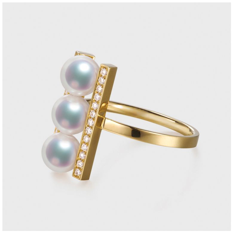 Bague 3 perles Akoya. Monture rail. Or jaune, Diamants - 4