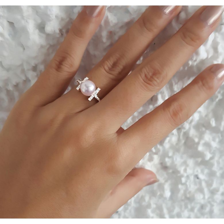 Bague monture rail. Or blanc, Diamants sertis et Perle Akoya - 9