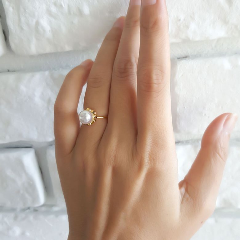 Bague fleur charnelle. Or jaune, perles Akoya Japon - 3