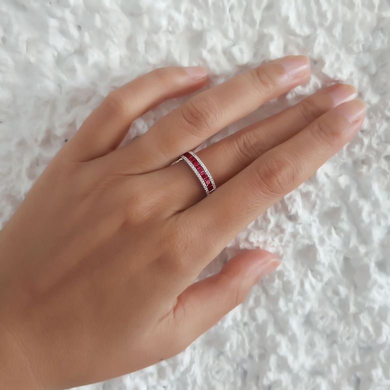 Bague rubis diamant or blanc - Lumière Érubescente - 5