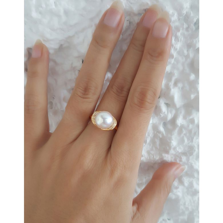 Bague perle d'eau douce et or jaune - Plateau circulaire en diamants - 2