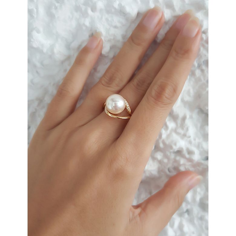 Bague femme perle - Or jaune, diamants - Perle de culture blanche - 5