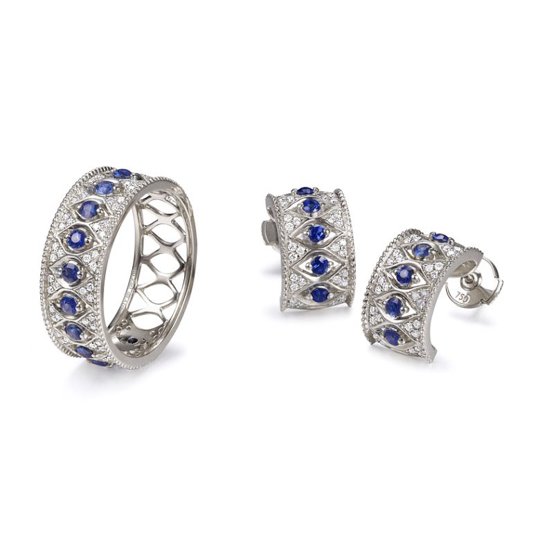 Boucles Oreilles Or blanc, saphir & diamant - 6