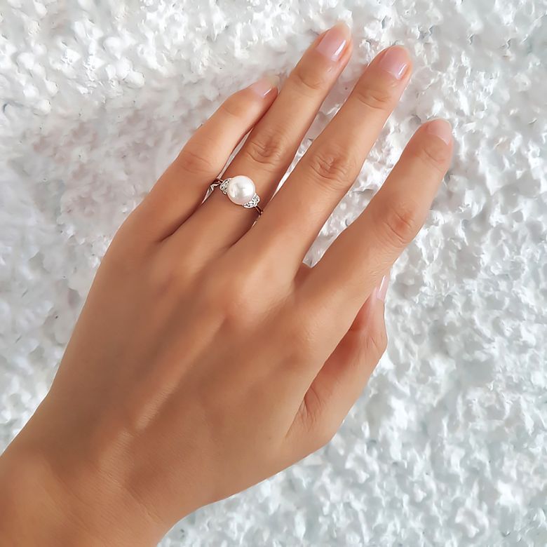 Bague perle Chine - Perle d'eau douce blanche - Diamants, or blanc - 4