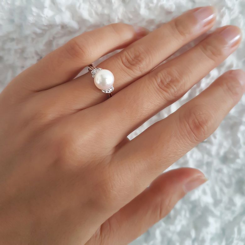 Bague perle Chine - Perle d'eau douce blanche - Diamants, or blanc - 5