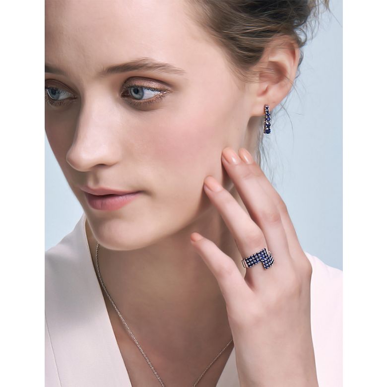 Bague contemporaine or blanc. Pavage géométrique saphir  - 2