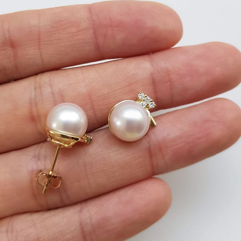 Boucles oreilles chapeau demoiselle - Or jaune, perles et diamants - 4
