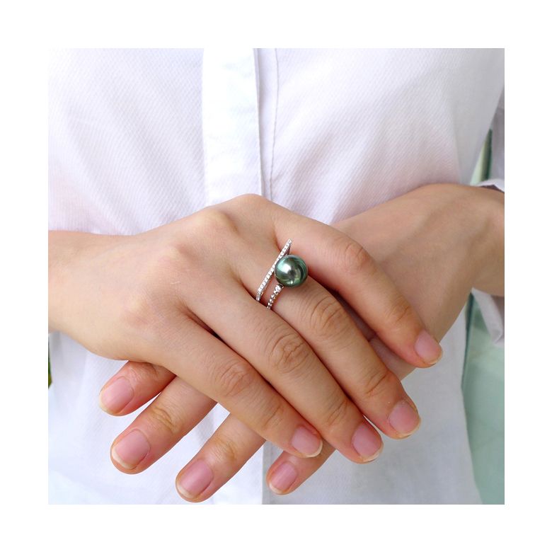 Bague perle de Tahiti, Or blanc, diamants - Saperlipopette - 2