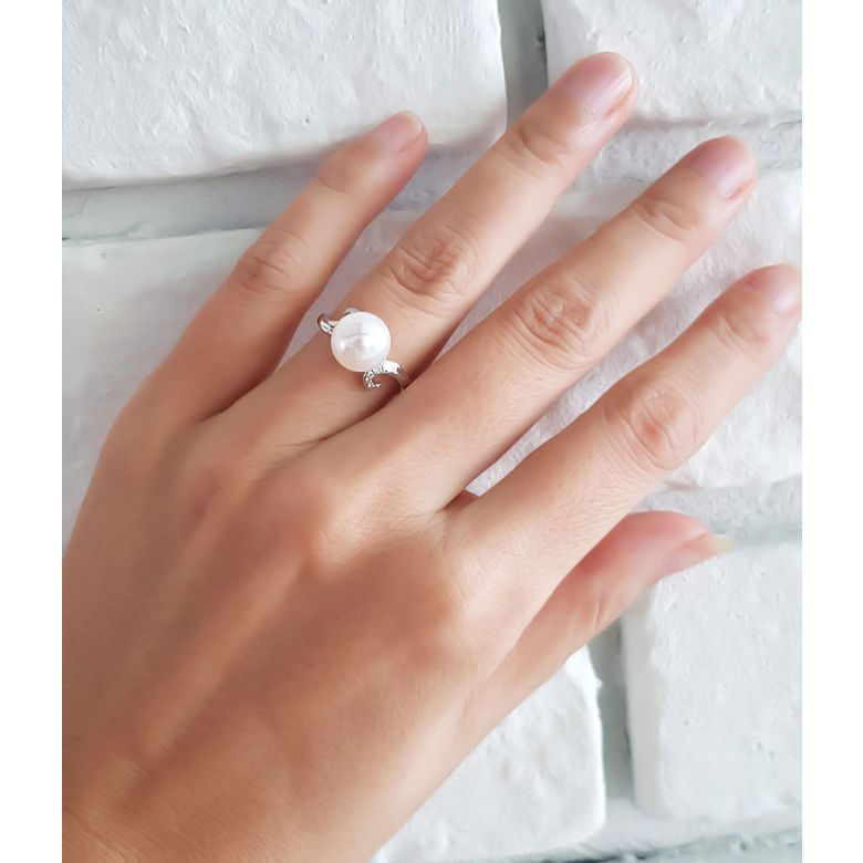 Bague note de musique - Perle de culture blanche, or blanc diamants - 5