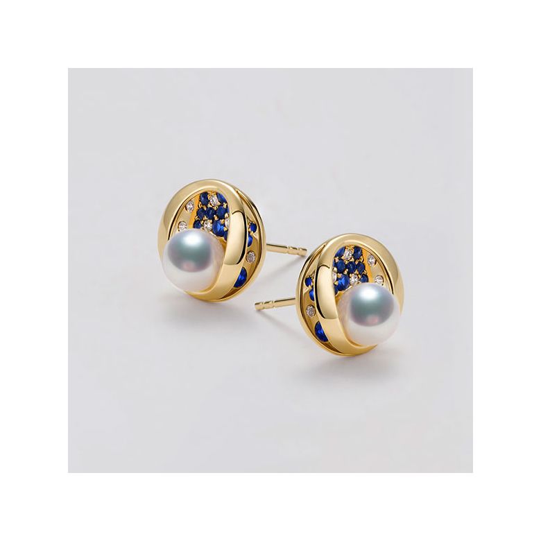 Boucle oreille perle Akoya I Constellation saphir diamant I Seiza, Or jaune - 3