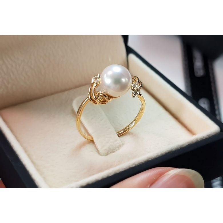 Bague fleur - Or jaune, Diamants - Perle de culture, Eau douce - 7