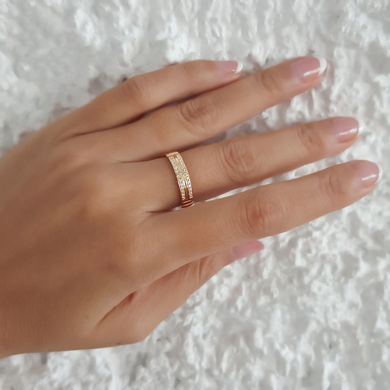 Alliance biseautée femme - Or jaune - Pavage Diamants - 3
