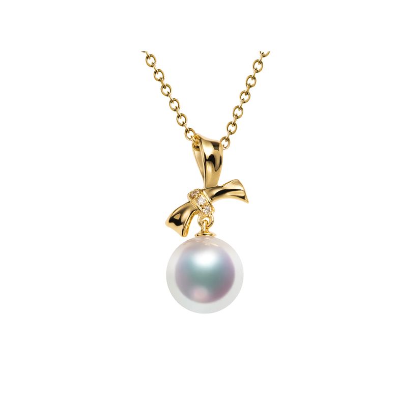 Pendentif Noeud avec ganse. Perle Akoya, Or jaune, Diamants - 1