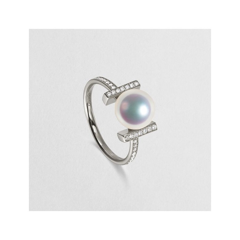 Bague monture rail. Or blanc, Diamants sertis et Perle Akoya - 3