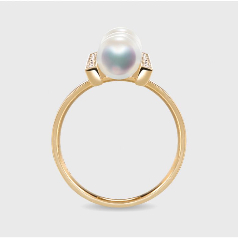 Bague 3 perles Akoya. Monture rail. Or jaune, Diamants - 5