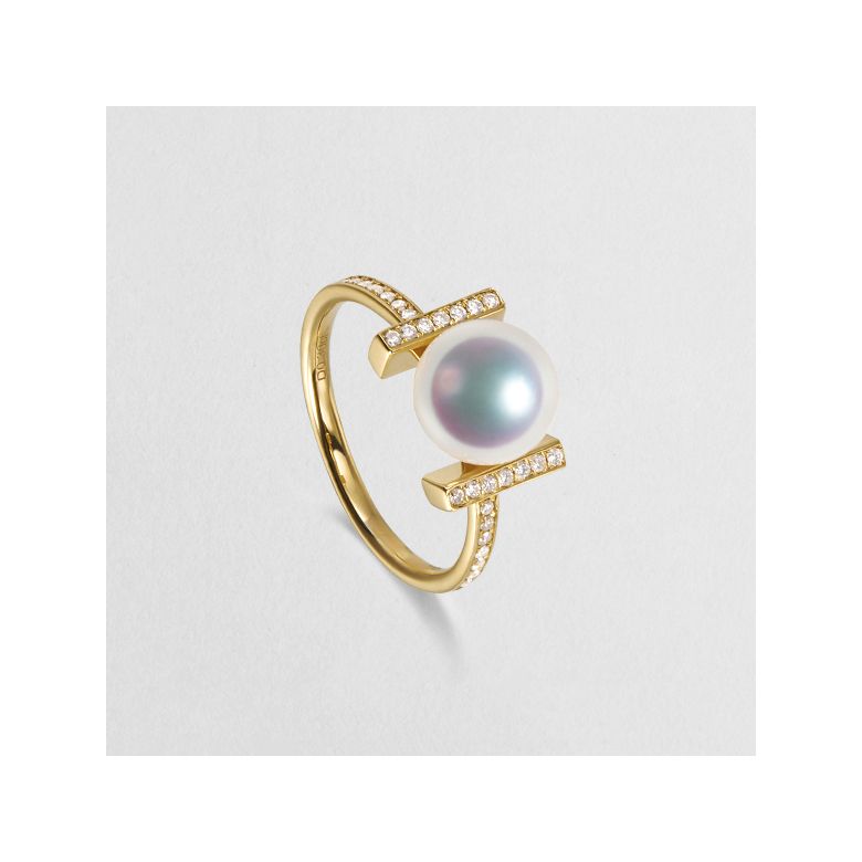 Bague monture rail. Or jaune, Diamants sertis et Perle Akoya - 3