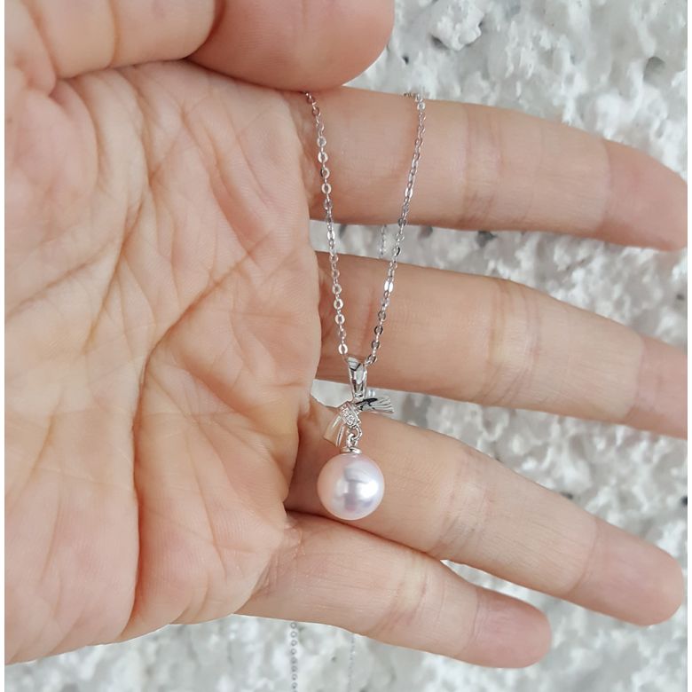 Pendentif Noeud avec ganse. Perle Akoya, Or blanc, Diamants - 3