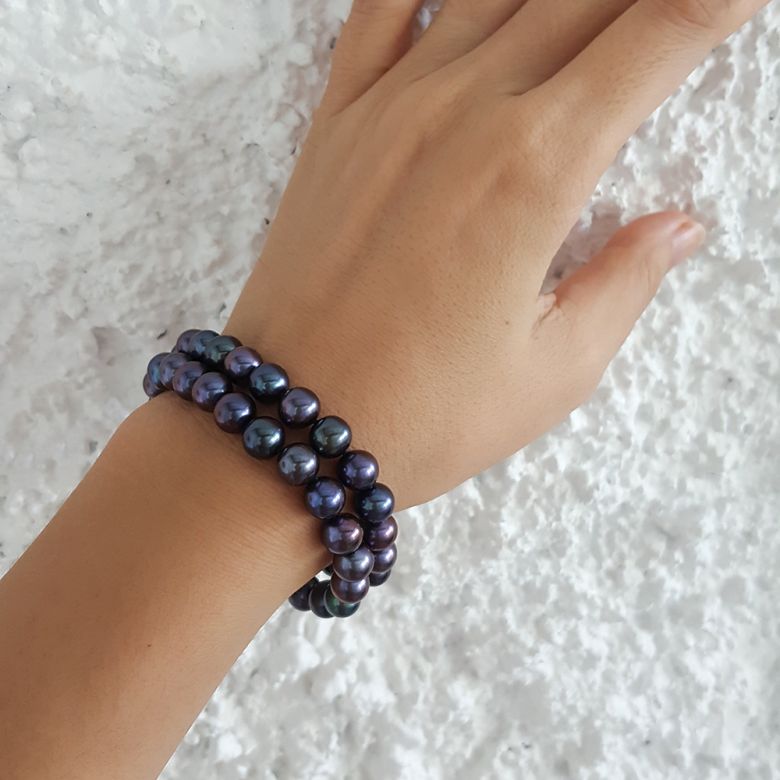 Bracelet Double Perles Eau Douce Noires - 7/7.5mm, AAA - 4