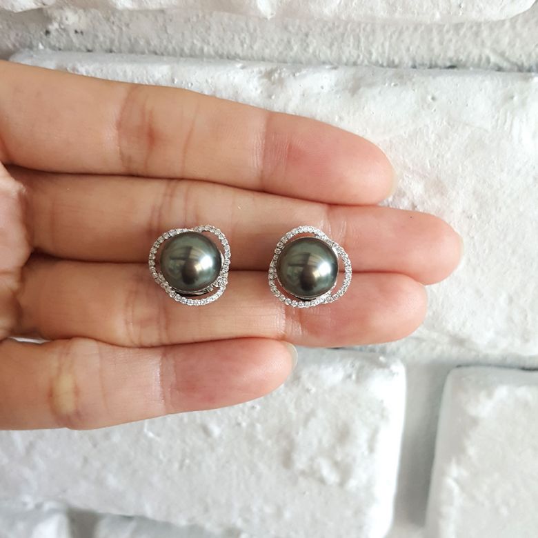Boucles elliptiques en or blanc - Perles Tahiti, Couronnes diamants - 6