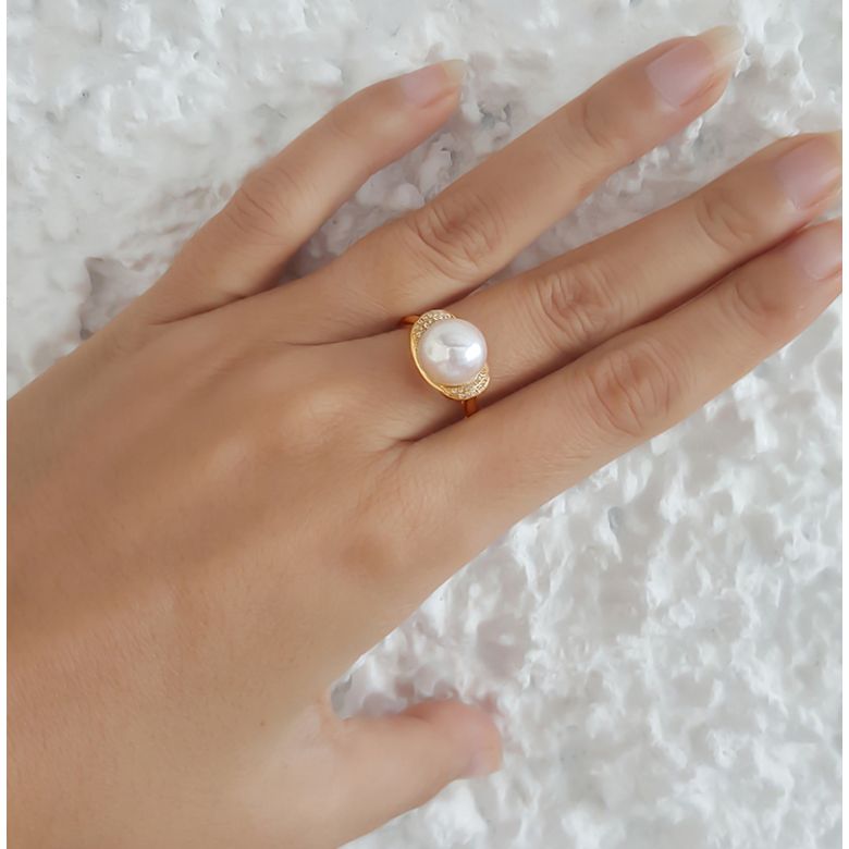 Bague perle d'eau douce et or jaune - Plateau circulaire en diamants - 5