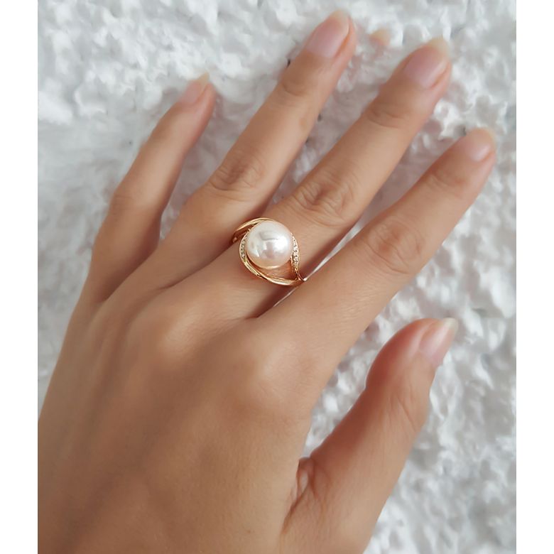 Bague femme perle - Or jaune, diamants - Perle de culture blanche - 2