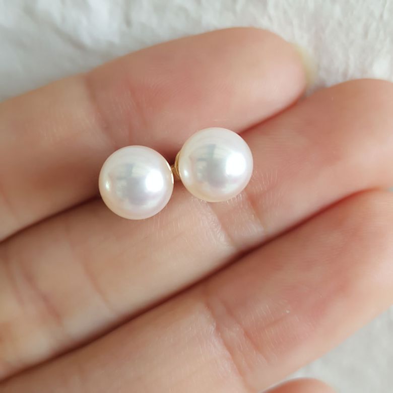 Boucles oreille or jaune - Clous oreilles perles Akoya Japon, 7.5/8mm - 3