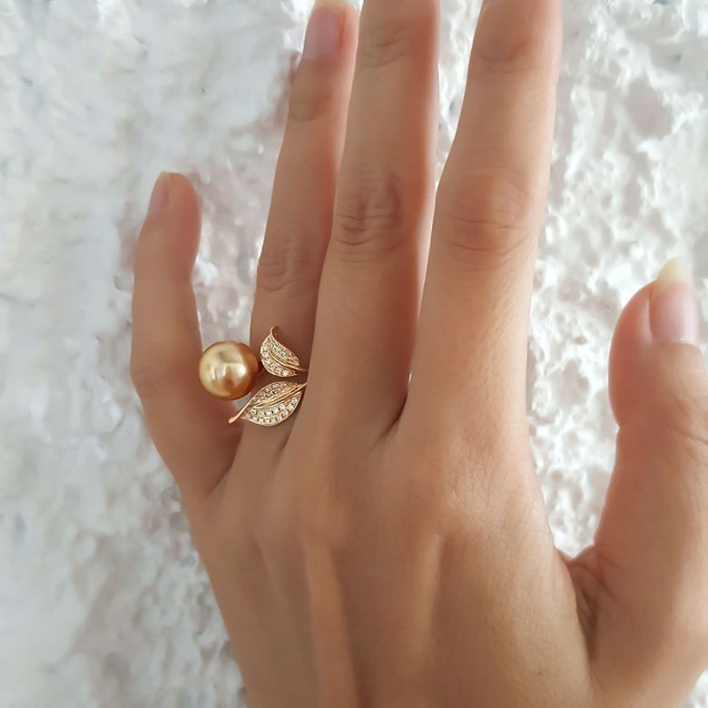 Bague feuilles de jasmin - Perle d'Australie dorée - Or jaune, diamants - 8