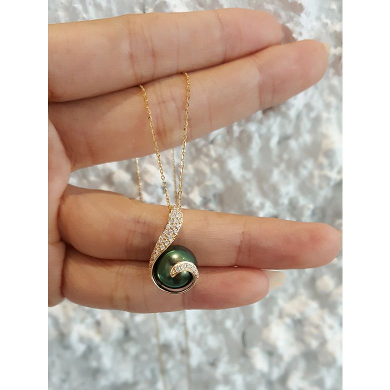 Pendentif écharpe diamantée - Perle de Tahiti noire, bronze - Or jaune - 7