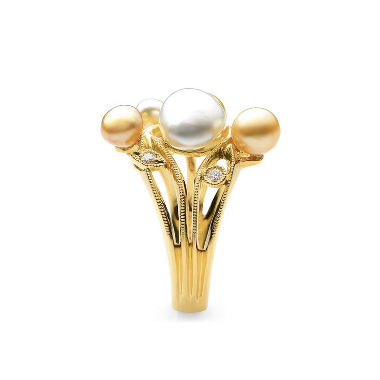 Bague secret flower first en perles d'Australie blanches et dorées - 1
