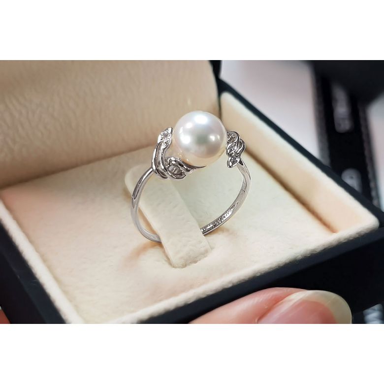 Bague fleur - Or blanc, Diamants - Perle de culture, Eau douce - 6