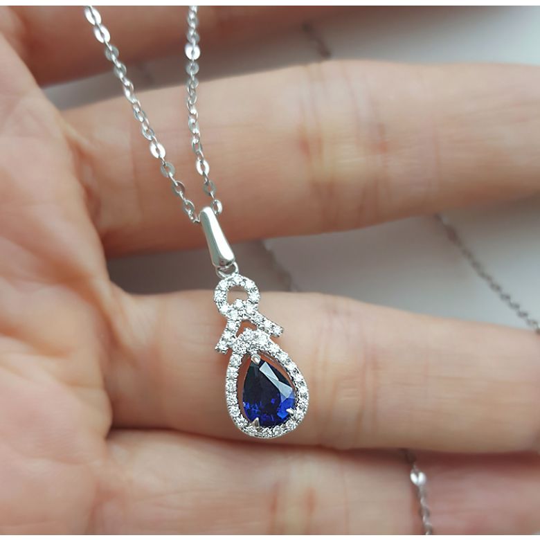 Pendentif Or blanc 18 carats - Saphir et diamants en poire - 7