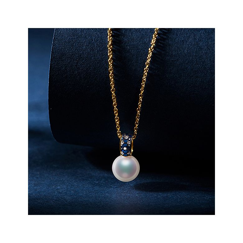 Pendentif Kino, Perle Akoya Japon. Or jaune, diamants et saphirs - 3